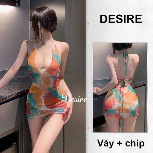 Váy ngủ lưới cột dây yếm hở lưng sexy phong cách bãi biển kèm quần chip DESIRE VN-6308 Váy màu cam - Available variant