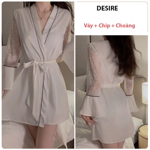 Váy ngủ lụa Đầm ngủ hai dây áo choàng lụa phối ren gợi cảm sexy chính hãng Guiruo QC cao cấp DESIRE VN-1170-1 Váy + choàng trắng L - Available variant