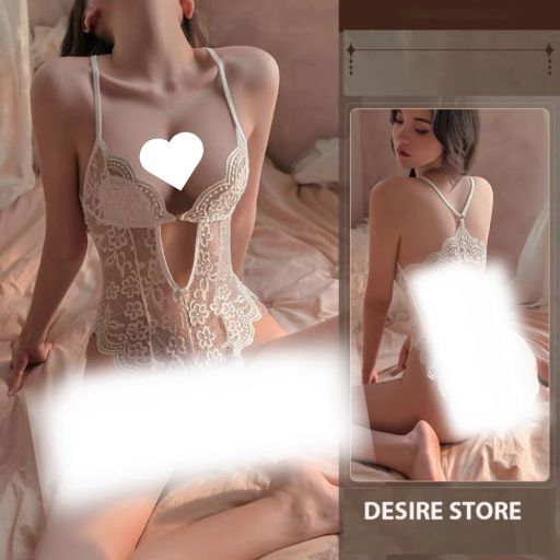 Váy ngủ ren liền thân xẻ đáy cài ngực trước xẻ mông nơ lụa sau gợi cảm sexy DESIRE VN-8748-1 Trắng M - Available variant