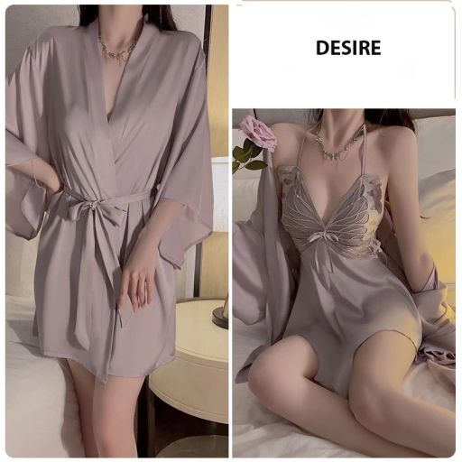 Set váy ngủ lụa và áo choàng phối ren khoét lưng gợi cảm  hàng loại 1 chính hãng GUIRUO DESIRE VN-3945 Set váy + choàng tím M - Available variant