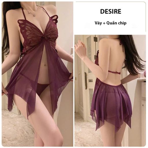 Váy ngủ ren xuyên thấu xẻ trước hở lưng mềm mại gợi cảm sexy kèm chip VN-3713 Tím Freesize 40-63kg - Available variant