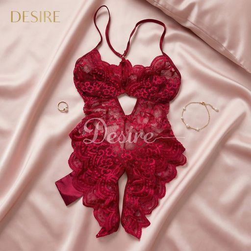 Bộ váy ngủ liền thân - Bodysuit ren xuyên thấu gợi cảm đính nơ DESIRE VN-8748 Đỏ M - Available variant