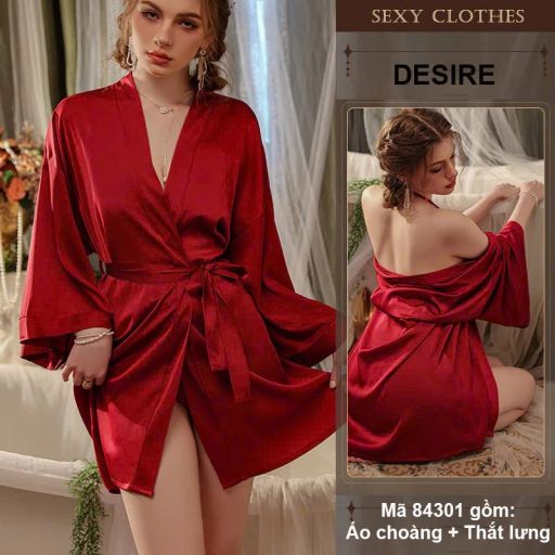 Áo choàng ngủ lụa tay ống rộng cao cấp Áo choàng cô dâu gợi cảm Bride hàng loại 1 VN-84301 Đỏ - Available variant
