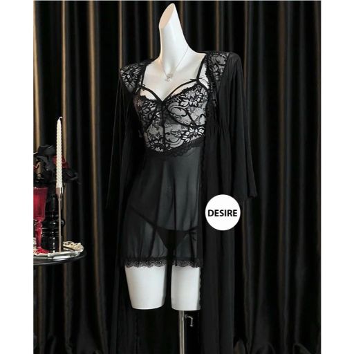 Váy ngủ ren xuyên thấu cut out lưng sexy kèm quần chip ren VN-8449 Set choàng + váy đen M (40-53kg) - Available variant