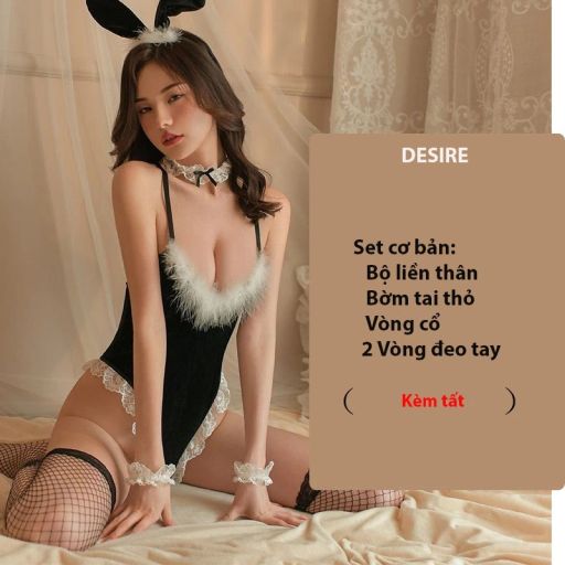 Bộ đồ ngủ liền thân xẻ đáy cosplay hoá trang cô nàng thỏ  loại 1 DESIRE VN-8478 Set Đen + Tất T-01 - Available variant