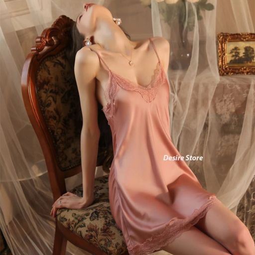 Váy ngủ lụa Đầm ngủ hai dây lụa kèm chip phối ren gợi cảm sexy VN-169-1 Váy Hồng M - Available variant