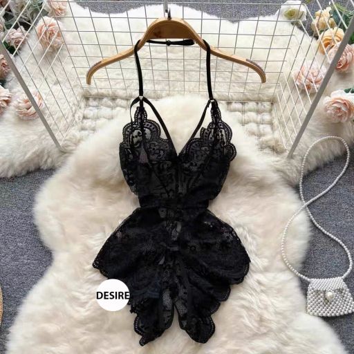 Bộ Váy ngủ liền thân Bodysuit ren mềm xẻ đáy Jump ren gợi cảm sexy VN-8250-1 Đen L - Available variant