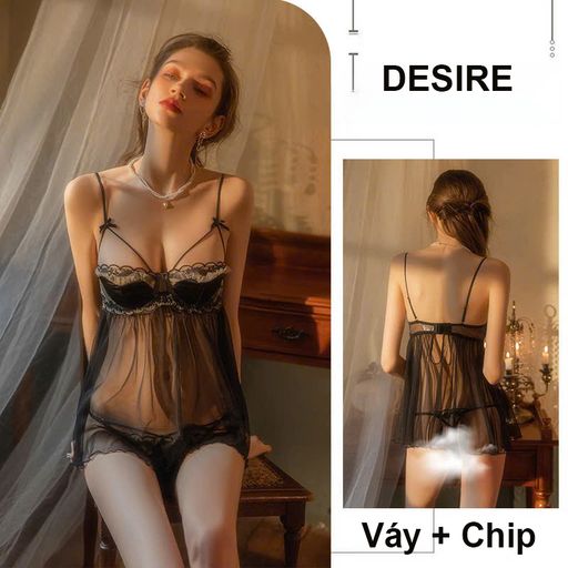 Váy ngủ Đầm ngủ hai dây kèm chip phối ren xuyên thấu gợi cảm sexy DESIRE VN-1755 Đen - Available variant