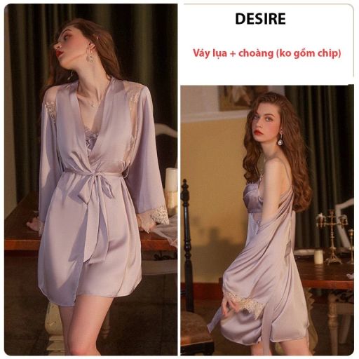 Set Váy ngủ lụa hai dây và Áo choàng cao cấp Đầm ngủ hai dây lụa phối ren gợi cảm sexy VN-2063 Set choàng váy tím M - Available variant