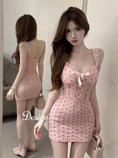 Desire Store, Váy Ngủ Thun 2 Dây Mặc Nhà Có Mút Ngực Họa Tiết Cherry Phối Ren Quyến Rũ - Đầm Ngủ Sexy Tôn Dáng DESIRE T369 - 250.000 ₫