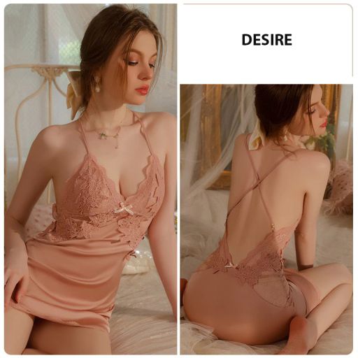 Set Váy ngủ lụa hai dây áo choàng phối ren gợi cảm sexy chính hãng Guiruo QC cao cấp DESIRE VN-1170 Váy Hồng + Chip XL 54-63kg - Available variant