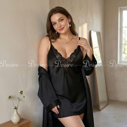 Váy ngủ lụa cổ V mềm mịn hàng chính hãng GUIRUO form chuẩn sexy Desire VN-1906 Váy + choàng đen M - Available variant