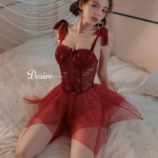 Desire Store, Váy ngủ ren xoè xuyên thấu có mút nâng ngực sexy gợi cảm kèm quần chip DESIRE 1059 (Sexy red lace camisole nightdress with matching panties DESIRE-1059) - 400.000 ₫