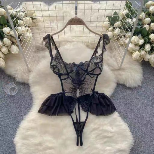 Bộ váy ngủ liền thân Bodysuit chất ren tay áo cánh tiên quần hở đáy sexy gợi cảm VN-8640 Đen - Available variant