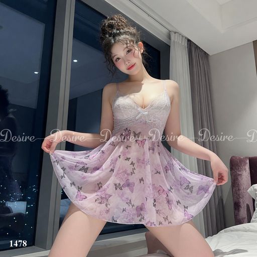 Desire Store, Váy ngủ hai dây lưới phối ren hoạ tiết cánh bướm nữ tính gợi cảm kèm quần lót DESIRE 1478 (Women's romantic mesh and lace camisole nightdress with butterfly motifs, including matching panties DESIRE 1478) - 350.000 ₫