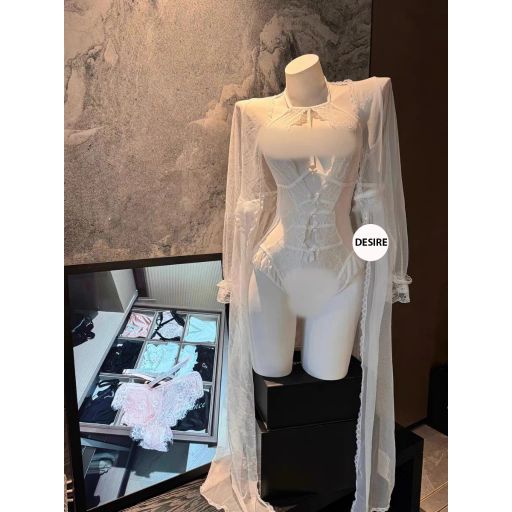 Váy ngủ ren liền thân Bodysuit xẻ đáy và Áo choàng ren gợi cảm sexy DESIRE 8810 Váy đen + Choàng M - Available variant