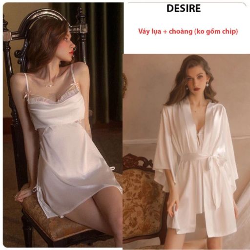Set Váy ngủ lụa hai dây và Áo choàng cao cấp Đầm ngủ hai dây lụa phối ren gợi cảm sexy VN-2063 Set choàng váy trắng M - Available variant