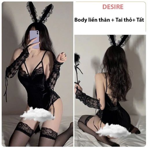 Bộ đồ ngủ Cosplay CÔ NÀNG THỎ ĐEN HUYỀN BÍ đầm ngủ nhung sexy gợi cảm DESIRE VN-604 Set cơ bản+ tất - Available variant