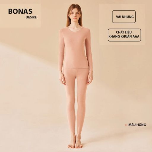 Đồ Bộ giữ nhiệt lót nhung hai mặt chính hãng BONAS cao cấp siêu nhẹ ôm body cổ tròn AGN-003 Nguyên bộ Hồng M - Available variant
