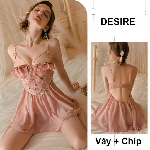 Váy ngủ Đầm ngủ hai dây kèm chip phối ren gợi cảm DESIRE VN-2063 Hồng - Available variant