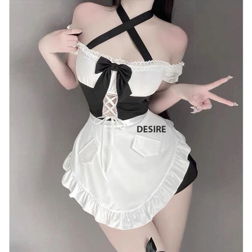 Bộ đồ ngủ cosplay hầu gái chất thun mềm loại 1 VN-8828 SET ĐEN KO TẤT - Available variant