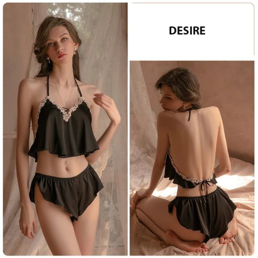 Đồ bộ ngủ lụa cao cấp hai dây yếm cột dây gợi cảm mát mịn mùa hè VN-705 Đen - Available variant