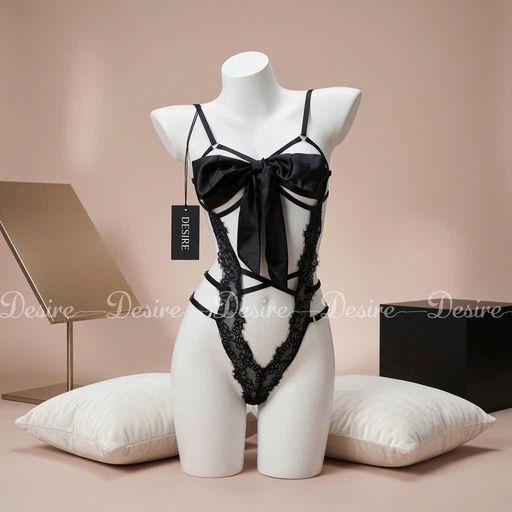 Bộ đồ ngủ ren liền thân bodysuit chất liệu ren mềm phối dải lụa thắt nơ gợi cảm VN-8490 Đen - Available variant
