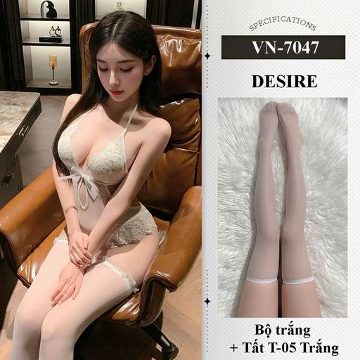 Bodysuit Ren Sexy Gợi Cảm - Đồ Ngủ Liền Thân Ren Hở Lưng Quyến Rũ Cao Cấp DESIRE VN-7047 Trắng có tất - Available variant