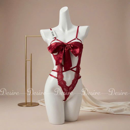 Bộ đồ ngủ ren liền thân bodysuit chất liệu ren mềm phối dải lụa thắt nơ gợi cảm VN-8490 Đỏ - Available variant
