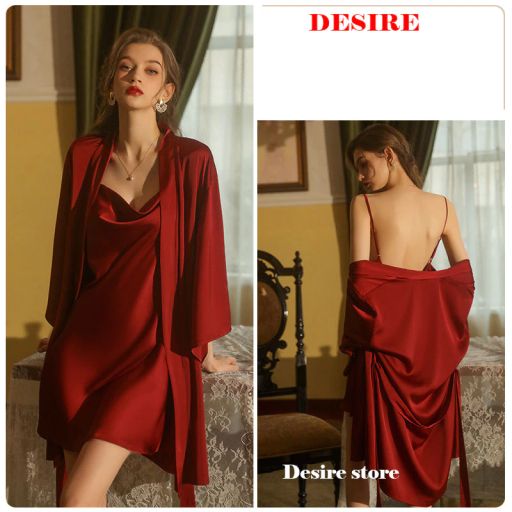 Set Váy ngủ và áo choàng lụa cao cấp cổ đồ gợi cảm kèm áo choàng Desire VN-1910 Váy đỏ + choàng M - Available variant