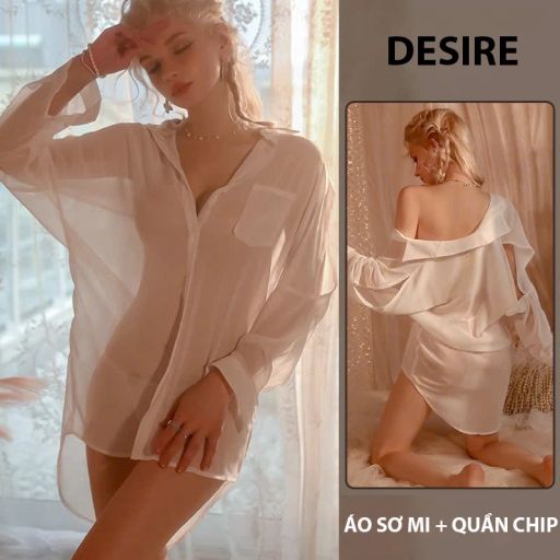 Áo sơ mi ngủ voan tay dài xẻ vai gợi cảm sexy Desire VN-8606 Trắng - Available variant