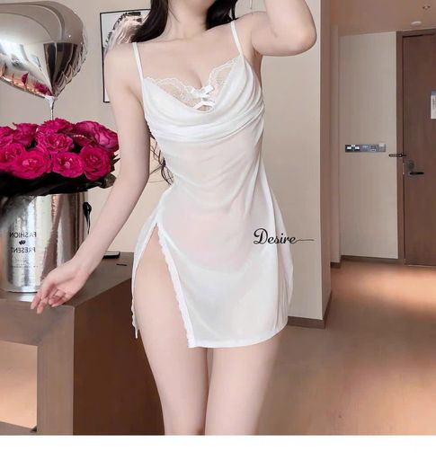 Váy ngủ lưới phối ren xẻ tà kèm quần chip DESIRE VN-8950 Trắng - Available variant