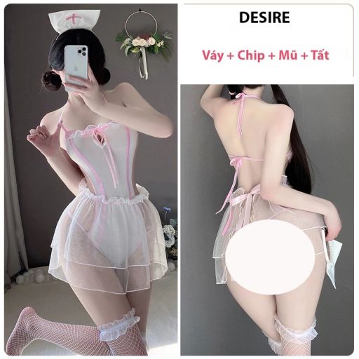 Bộ đồ ngủ Cosplay y tá đầy đủ phụ kiện sexy gợi cảm DESIRE VN-4228 Set + Tất Trắng L - Available variant