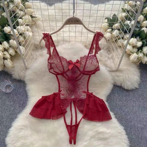 Bộ váy ngủ liền thân Bodysuit chất ren tay áo cánh tiên quần hở đáy sexy gợi cảm VN-8640 Đỏ - Available variant
