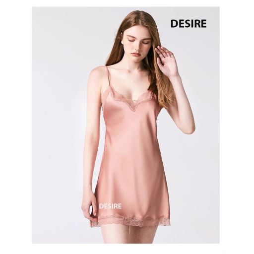 Váy ngủ lụa Đầm ngủ hai dây lụa kèm chip phối ren gợi cảm sexy VN-169 Váy Hồng L - Available variant