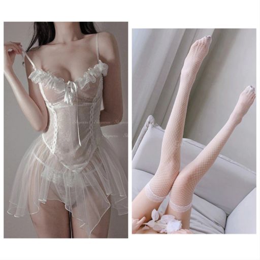 Váy đầm ngủ Cosplay kèm quần chip chất ren mềm ôm body sexy cosplay VN-8302 Váy + Tất trắng 001 - Available variant