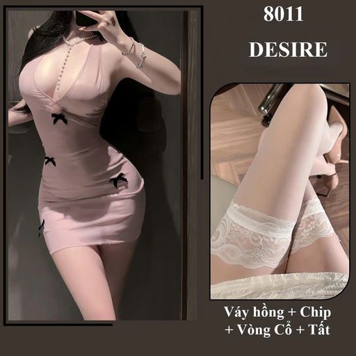Váy ngủ cổ yếm phối ren - Đầm body sexy gợi cảm DESIRE 8011 Hồng + T-03 Trắng - Available variant