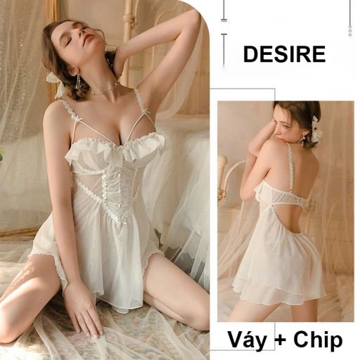 Váy ngủ Đầm ngủ hai dây kèm chip phối ren gợi cảm DESIRE VN-2063 Trắng - Available variant