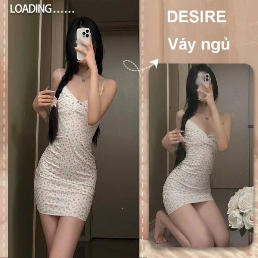 Đồ Bộ Mặc Nhà Hoa Nhí Vintage Hai Dây Viền Ren Sexy - Bộ Đồ Ngủ Nữ Quyến Rũ DESIRE C119 Váy ngủ L - Available variant