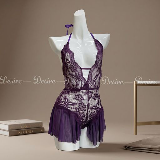 Váy ngủ ren liền thân Bodysuit quần chip xẻ đáy phong cách gợi cảm sexy Desire VN-8411-1 Tím - Available variant