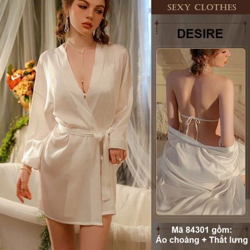 Áo choàng ngủ lụa tay ống rộng cao cấp Áo choàng cô dâu gợi cảm Bride hàng loại 1 VN-84301 Trắng - Available variant
