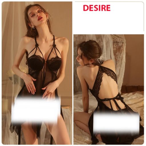Váy ngủ xuyên thấu xẻ sexy ren kèm quần chip Desire VN-8354 Đen M (40-54kg) - Available variant