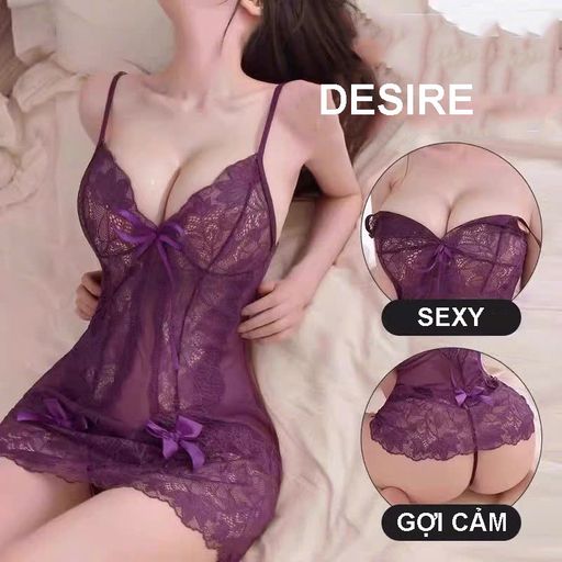 Desire Store, T085 Váy ngủ hai dây ren xuyên thấu xẻ ngực gợi cảm kèm quần chip DESIRE - 250.000 ₫
