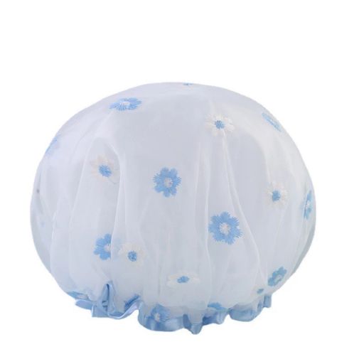 Mũ tắm, mũ ủ tóc 2 lớp lưới thêu hoa chống thấm nước tốt TT-001 Trắng hoa xanh - Available variant