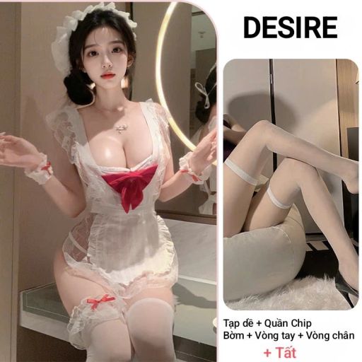 Bộ đồ Cosplay Hầu Gái Sexy Gợi Cảm, Chất Mềm Mại Phối Ren Quyến Rũ DESIRE VN-1108 Set trắng+ tất T-005 - Available variant