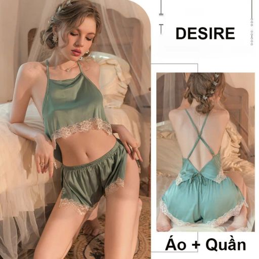 Bộ đồ ngủ lụa phối ren cao cấp dáng yếm cột hai dây gợi cảm mát mịn mùa hè DESIRE VN-2018 Xanh - Available variant