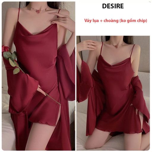 Set Váy ngủ lụa và áo choàng hai dây cổ đổ cao cấp gợi cảm kèm áo choàng Desire VN-1910 Váy lụa + Choàng Đỏ M - Available variant