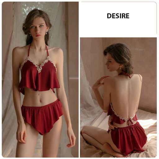 Đồ bộ ngủ lụa cao cấp hai dây yếm cột dây gợi cảm mát mịn mùa hè VN-705 Đỏ - Available variant
