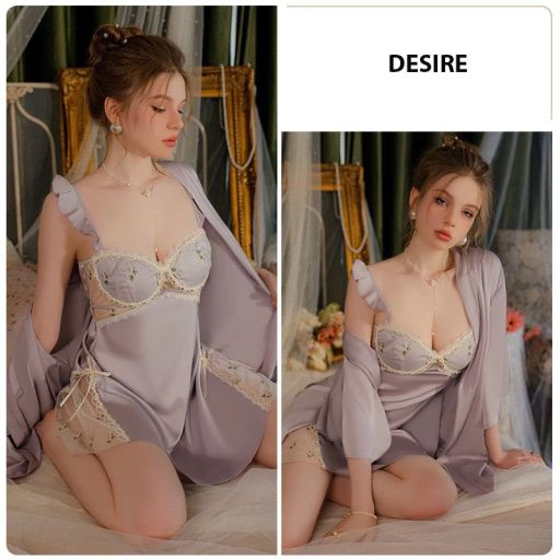 Váy ngủ lụa hai dây cao cấp có mút ngực cột dây lưng VN-3559-2 Váy và choàng tím M (40-55kg) - Available variant