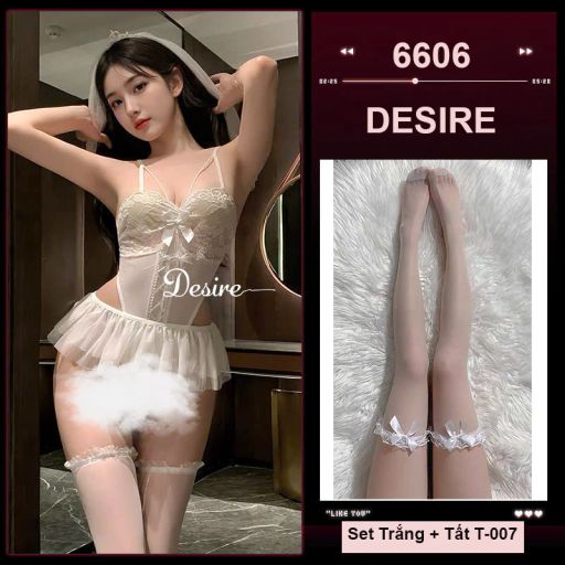 Váy Ngủ Cosplay Cô Dâu Sexy - Bodysuit Ren Khoét Eo Kèm Khăn Voan Vương Miện Cao Cấp DESIRE VN-6606-1 Set trắng có tất - Available variant